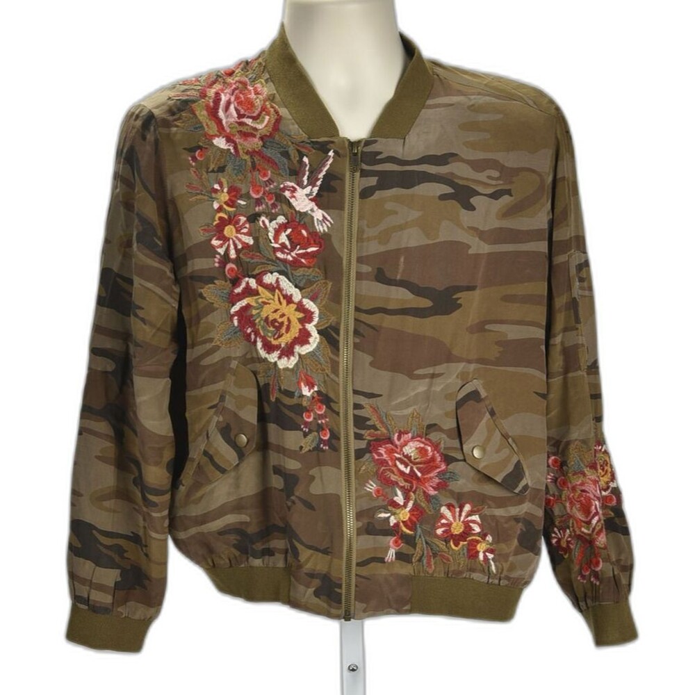 Johnny Was Camo Silk Embroidered Bomber Size S